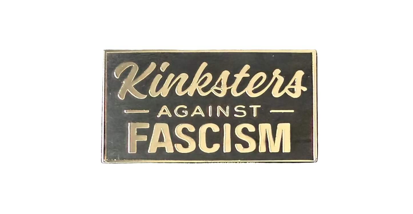 Close up of the Kinksters Against Fascism Enamel Pin - Black enamel with silver lettering and a thin silver border around the rectangle shape.