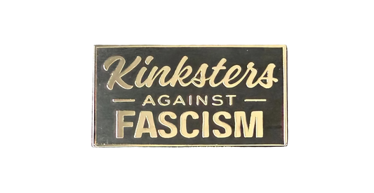 Close up of the Kinksters Against Fascism Enamel Pin - Black enamel with silver lettering and a thin silver border around the rectangle shape.